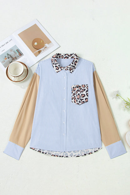 Sky Blue Striped Colorblock Leopard Patchwork Pocket Shirt