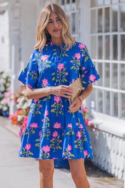 Floral Print V Neck Short Sleeve Tiered Mini Dress