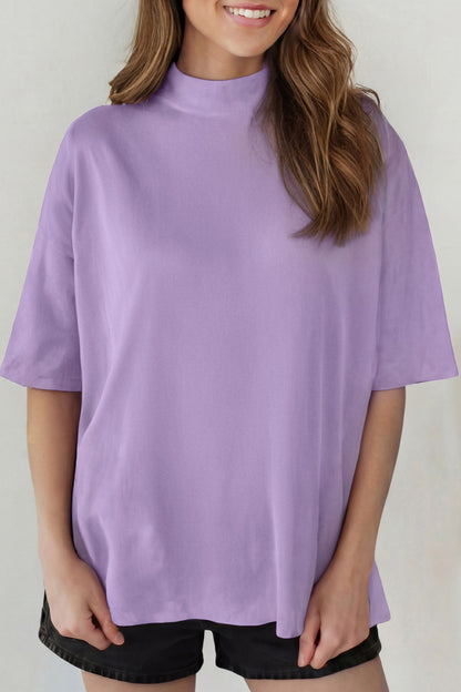 Dark Blue Oversized Mock Neck Tee Casual Relaxed Top