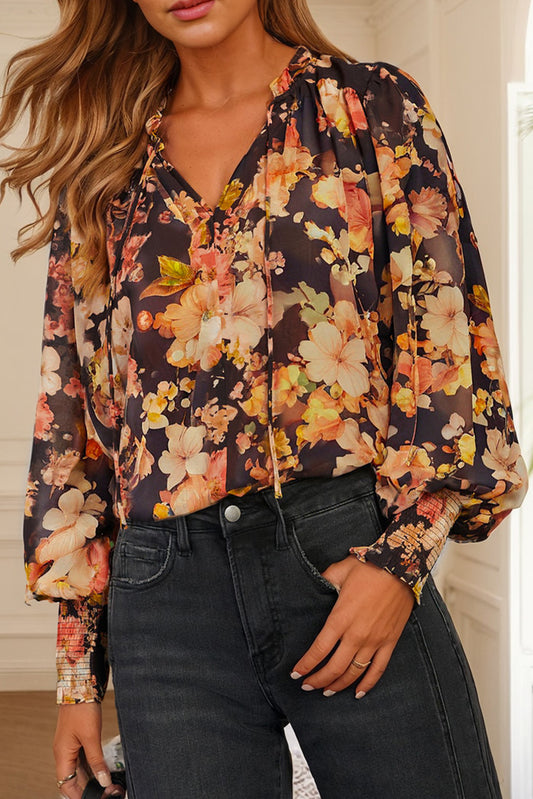 Black Floral Print V Neck Long Sleeve Smocked Cuff Blouse