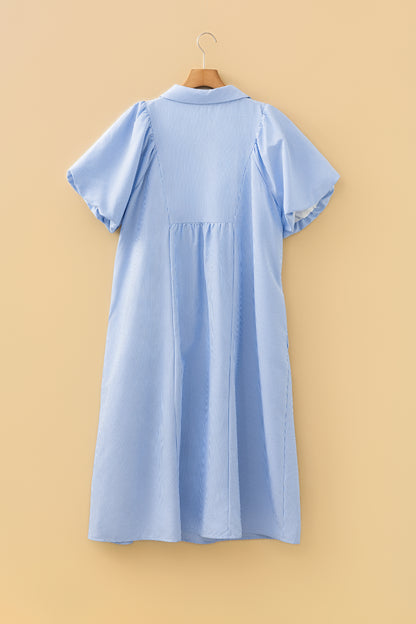 Plus Size Smocked V Neck Midi Dress Stripe Puff Sleeve