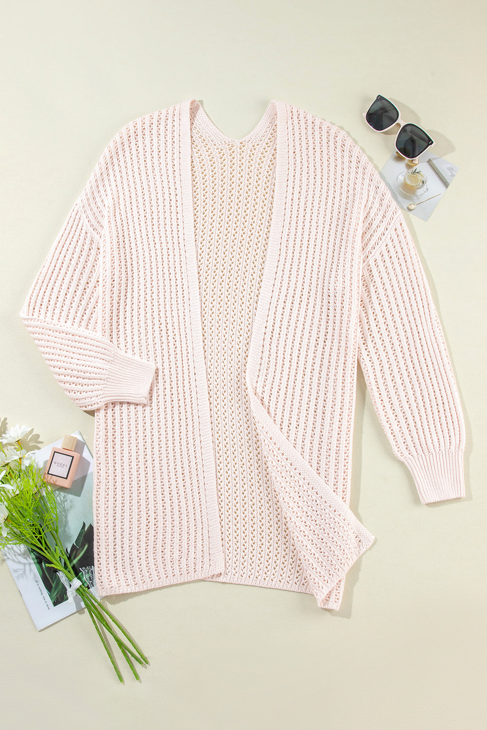 Jet Stream Hollowed Crochet Drop Shoulder Open Front Cardigan