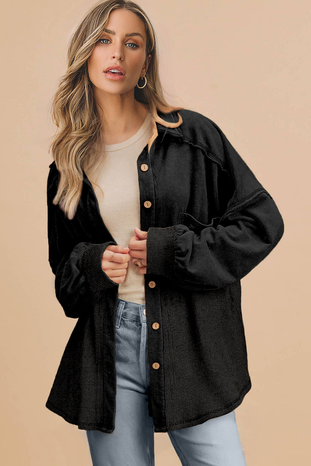 Black Waffle Knit Button Down Shacket Oversized Long Sleeve Top
