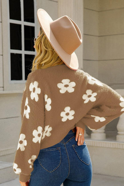Floral Knit Crop Cardigan - Fuzzy V-Neck Sweater