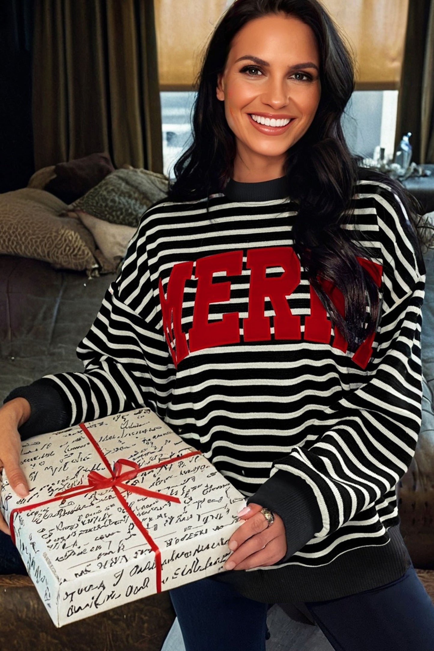 Black Striped MERRY Christmas Sweatshirt Drop Shoulder Pullover
