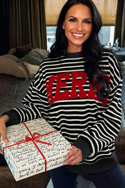 Black Striped MERRY Christmas Sweatshirt Drop Shoulder Pullover
