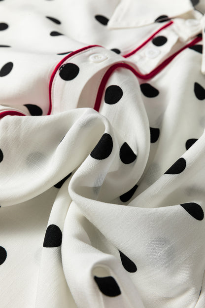 White Polka Dot Contrast Trim Button Up Blouse