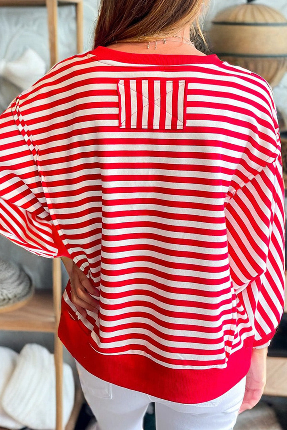 Red Stripe Christmas Sequin Patched Drop Shoulder Top