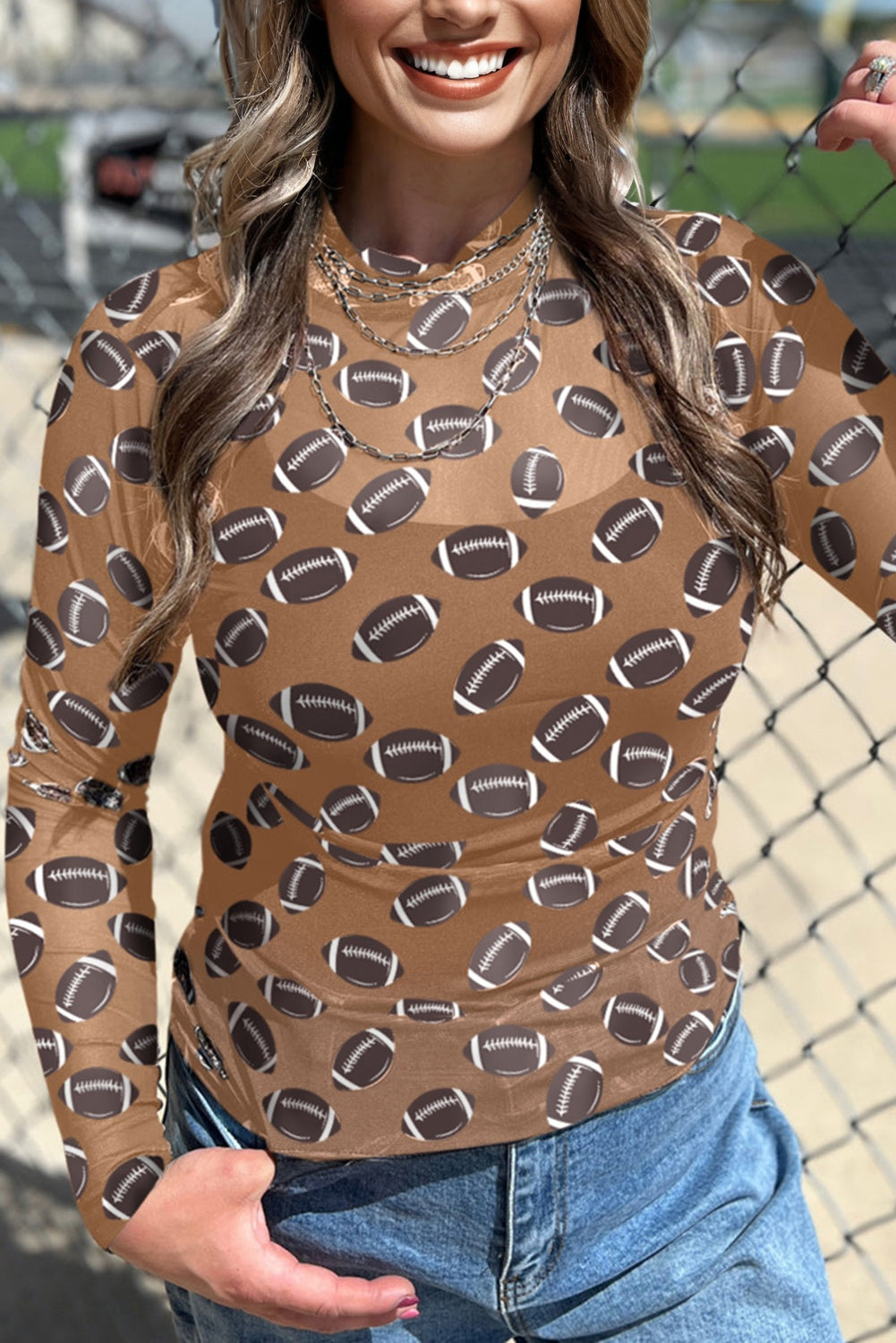 Football Print Mesh Mock Neck Game Day Long Sleeve Top