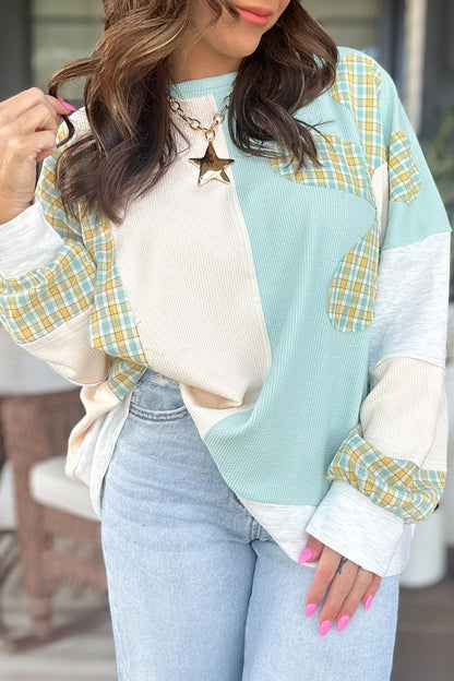 Light Blue Plaid Patchwork Colorblock Waffle Knit Top