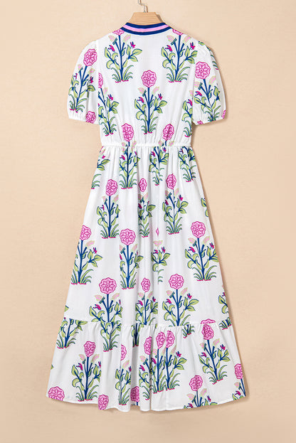 White Floral Contrast Trim V Neck Maxi Dress