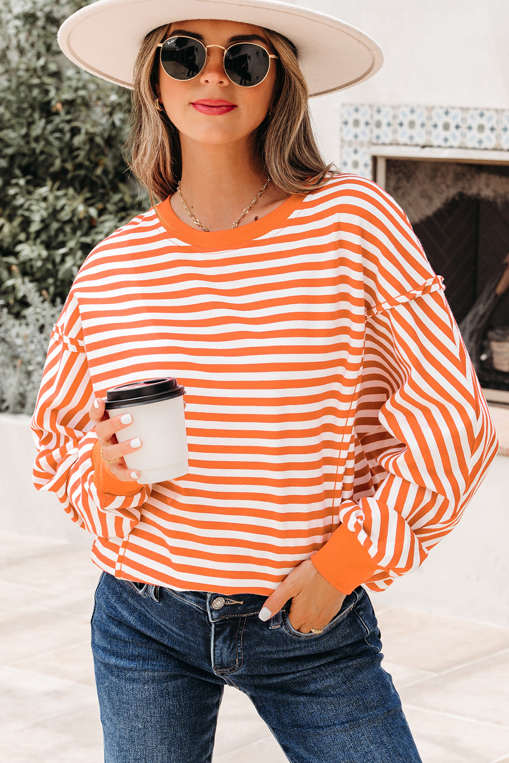 Red Stripe Oversized Pullover Exposed Seam Long Sleeve Top