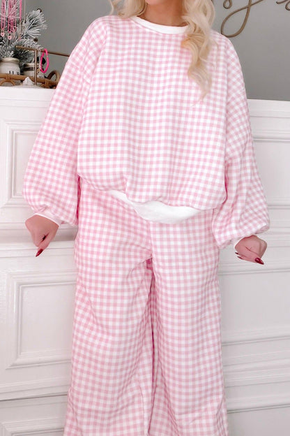 Plaid Polyester Pant Set Casual Wide Leg
