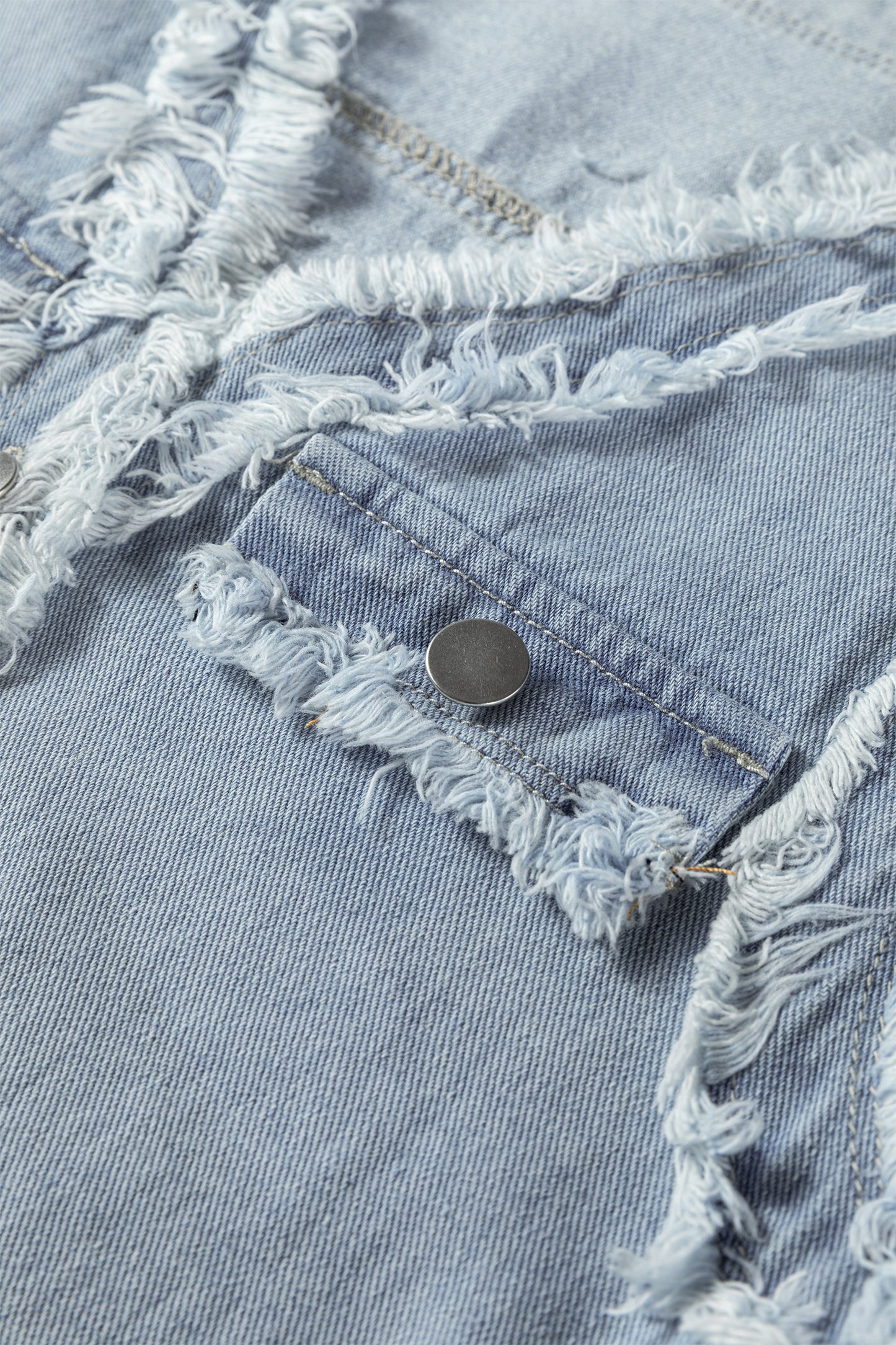 Light Wash Frayed Edge Flap Pocket Button Down Denim Vest