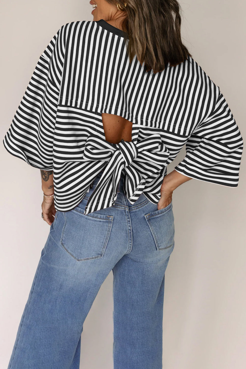 Red Stripe Bow Cutout Back Drop Shoulder Loose Tee