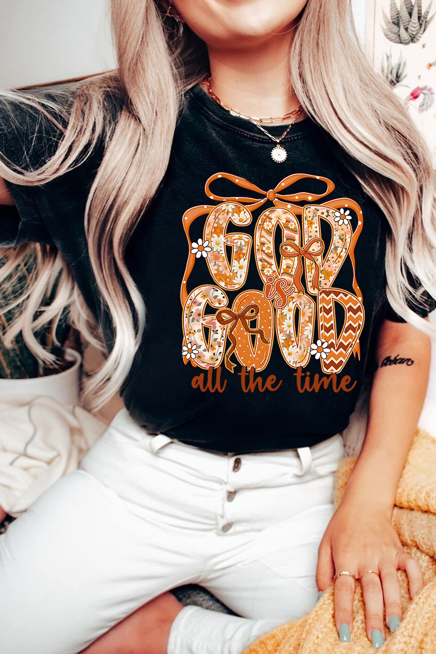 Black God Is Good Floral Faith Graphic Thanksgiving Tee