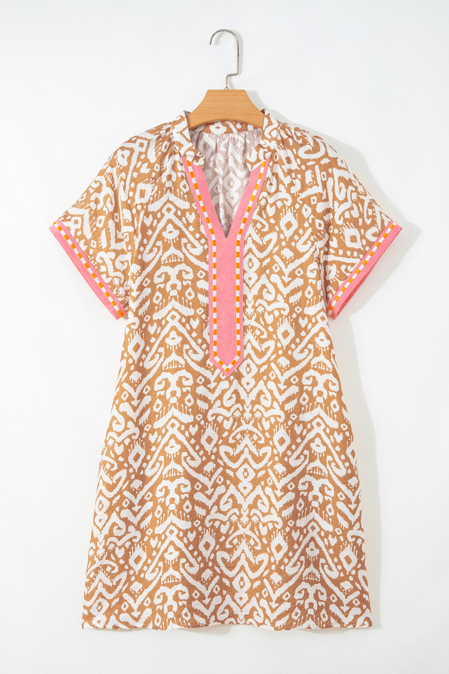 Boho Ikat Print V Neck Shift Dress Summer Mini Dress