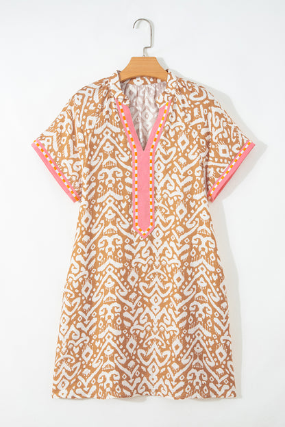 Boho Ikat Print V Neck Shift Dress Summer Mini Dress