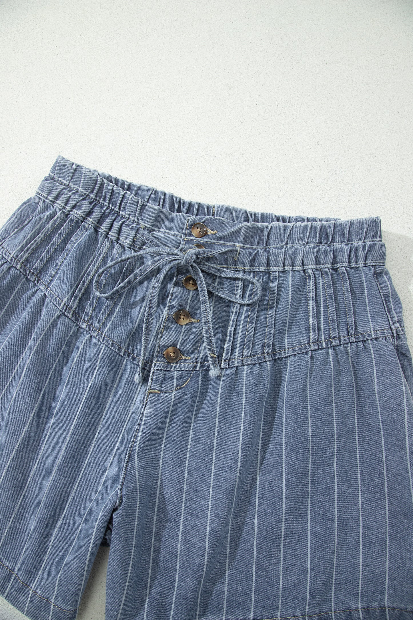 Sky Blue Stripe High Waist Button Denim Shorts Drawstring