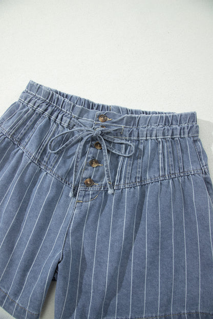 Sky Blue Stripe High Waist Button Denim Shorts Drawstring