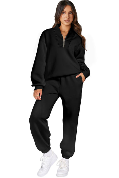 Black Plain Half Zip V Neck Ribbed Edge Loose Tracksuit