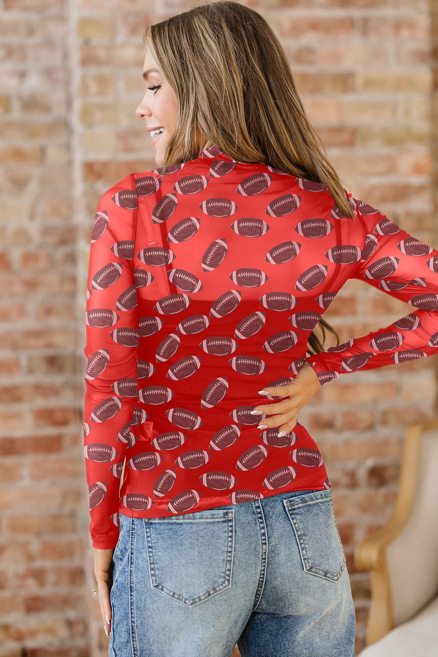 Football Print Mesh Mock Neck Game Day Long Sleeve Top