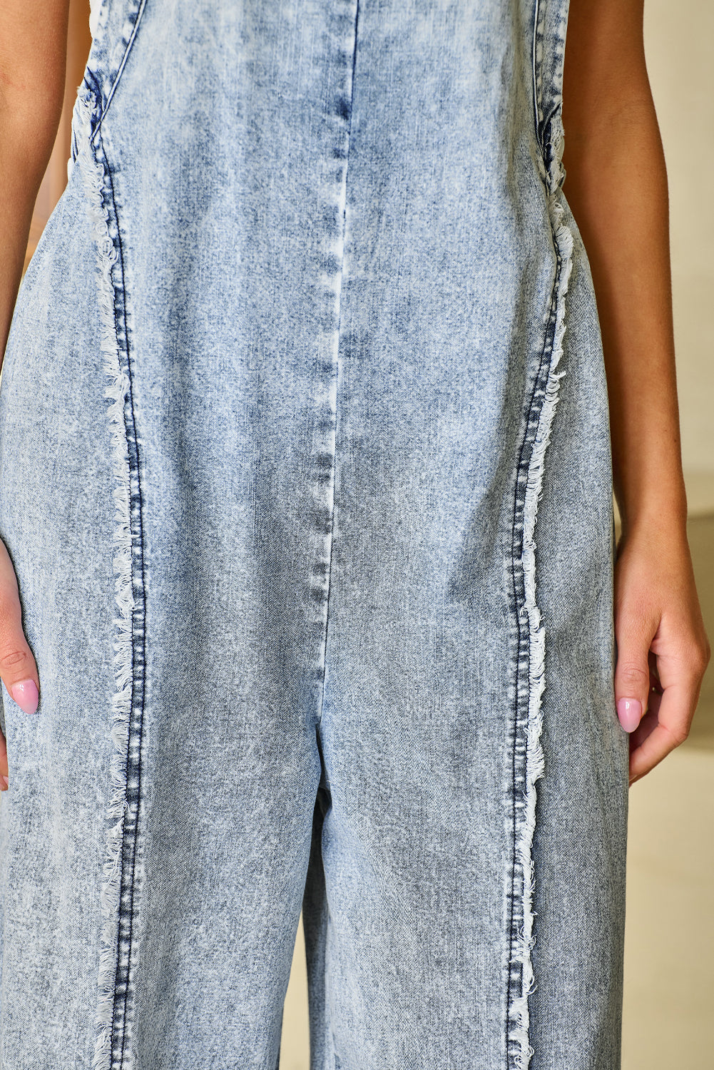 Light Wash Wide Leg Denim Overall with Exposed Seams