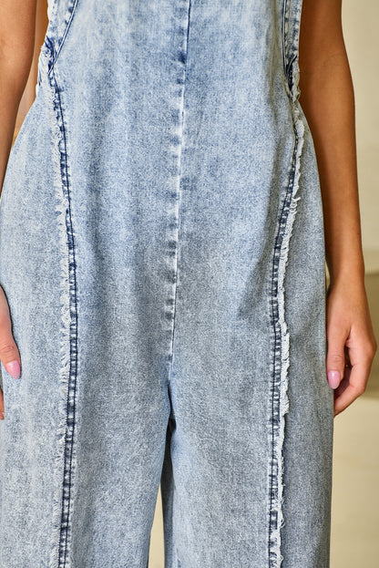 Light Wash Wide Leg Denim Overall with Exposed Seams