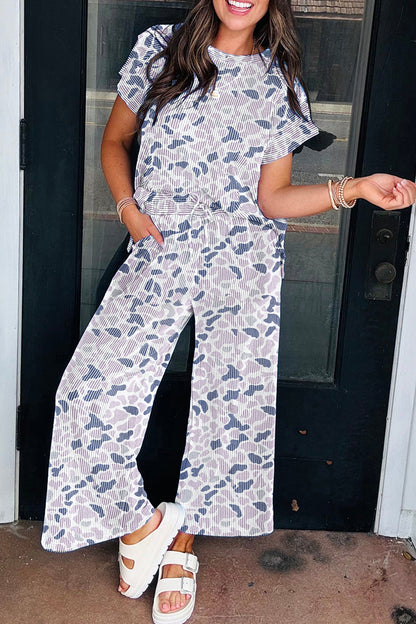 Women Camo Print Two Piece Set Casual Tee Drawstring Pants