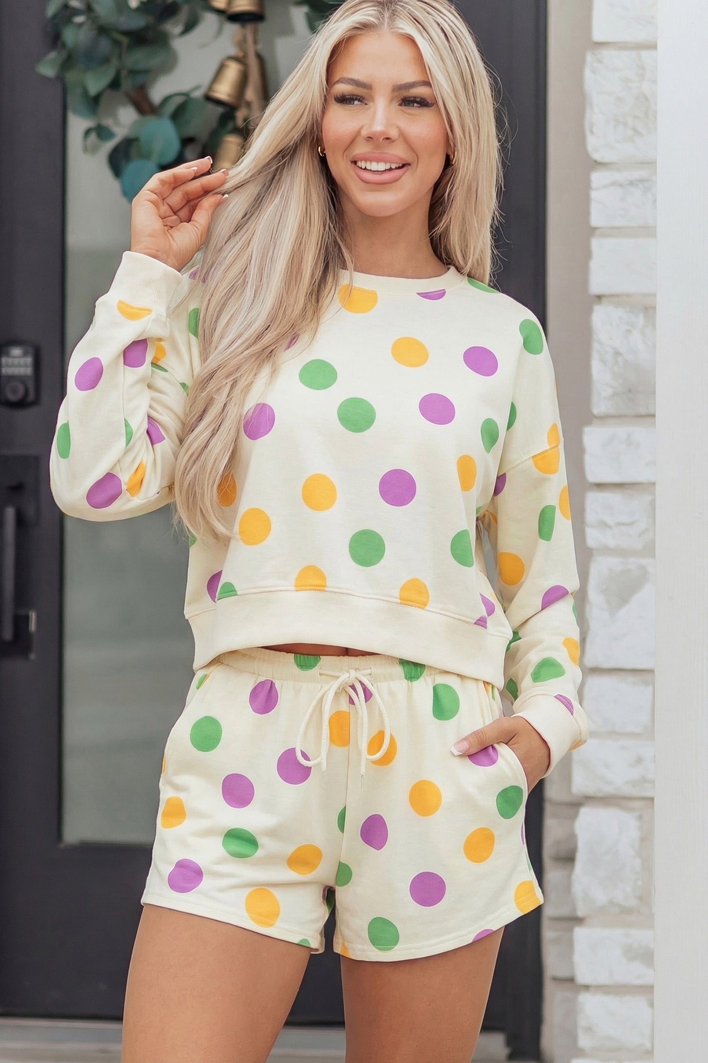 Pink Polka Dot Drop Shoulder Pullover Shorts Set