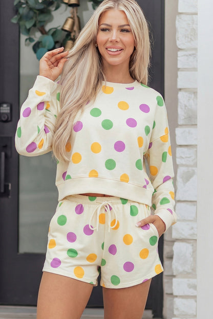 Pink Polka Dot Drop Shoulder Pullover Shorts Set