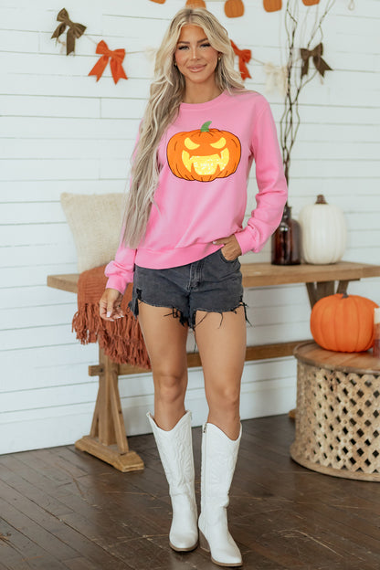 Pink Embroidered Pumpkin Halloween Crewneck Sweatshirt