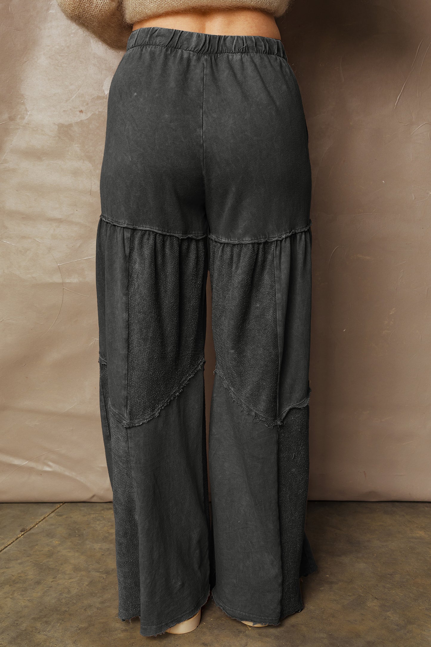 Women's Black Mineral Wash Wide Leg Patchwork Pants