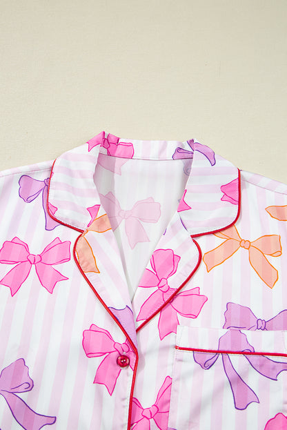Pink Striped Bow Print Contrast Trim Pajama Set