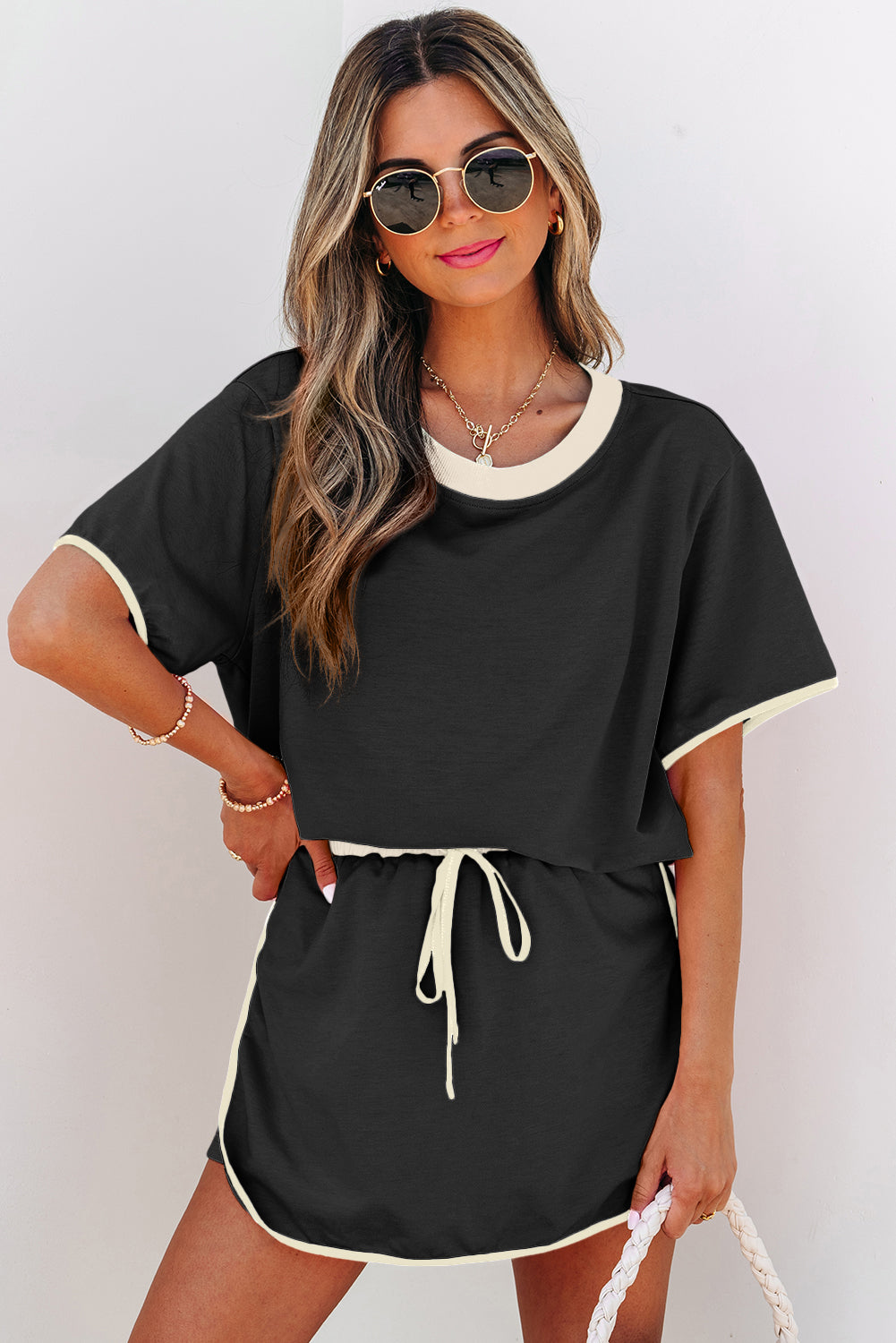 Colorblock Trim Tee Skort Set Drawstring Lounge Set