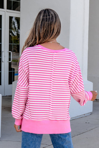 Khaki Stripe Textured Knit Color Block Trim Split Hem Long Sleeve Top