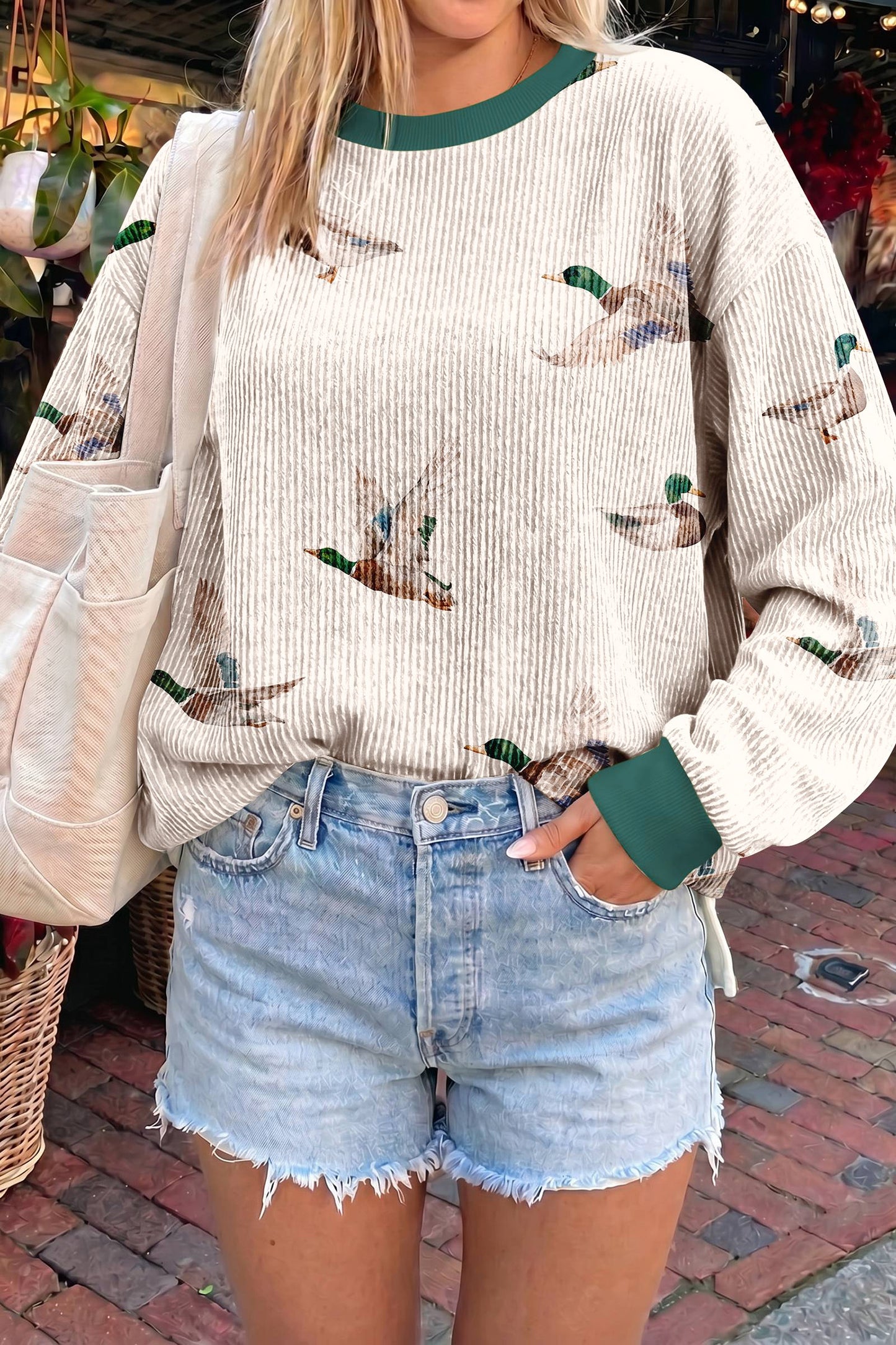 Duck Ribbed Top Western Colorblock Long Sleeve