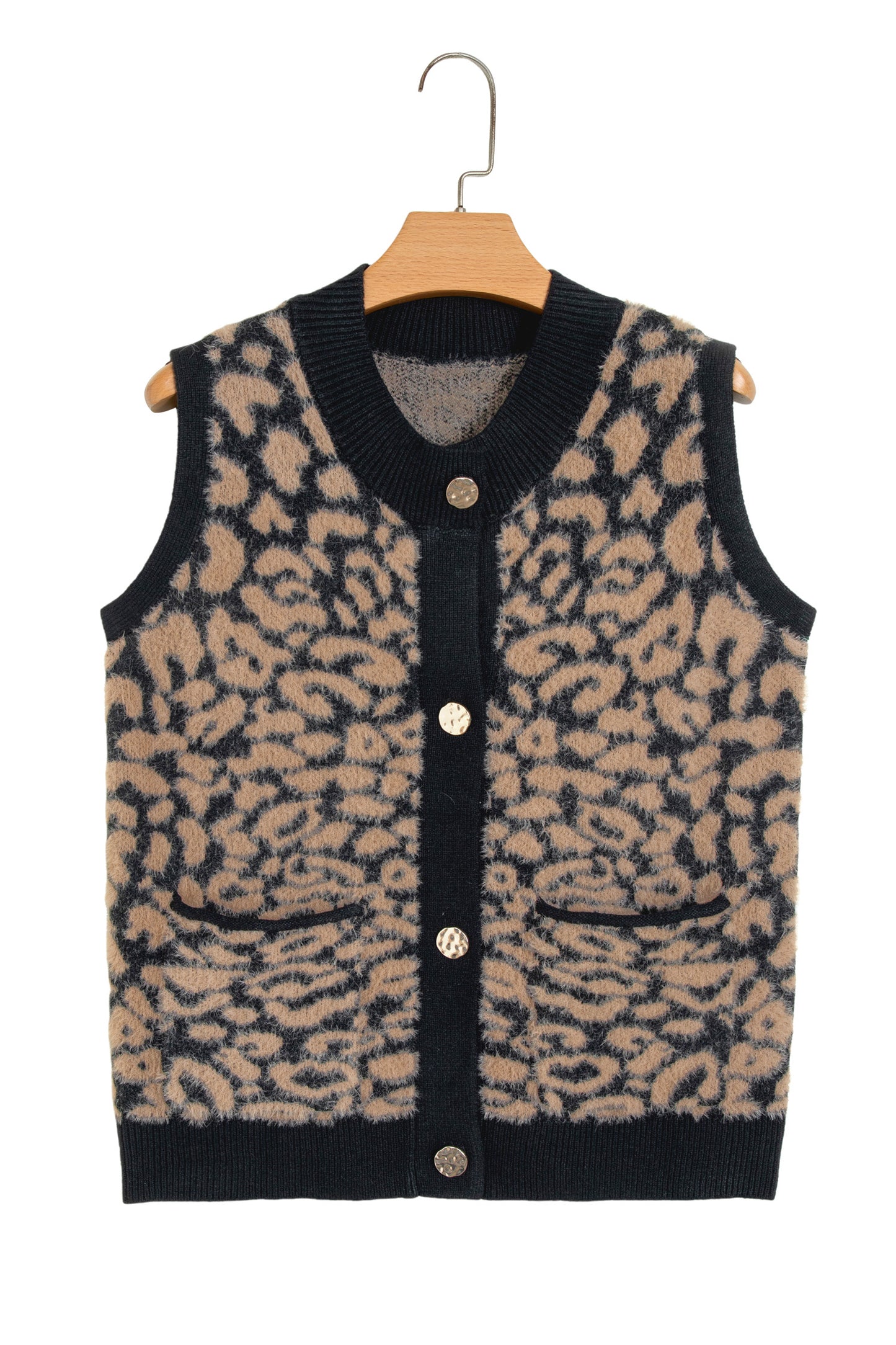Western Leopard Print Knit Sweater Vest Button Cardigan