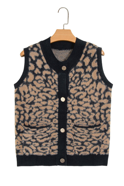 Western Leopard Print Knit Sweater Vest Button Cardigan
