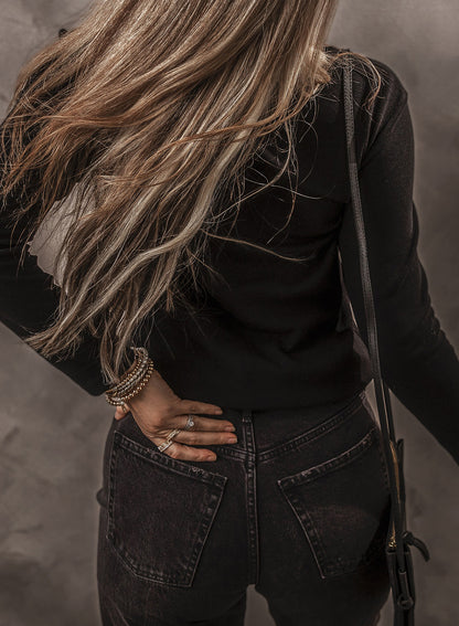 Black Ribbed Waffle Knit Henley Long Sleeve Top