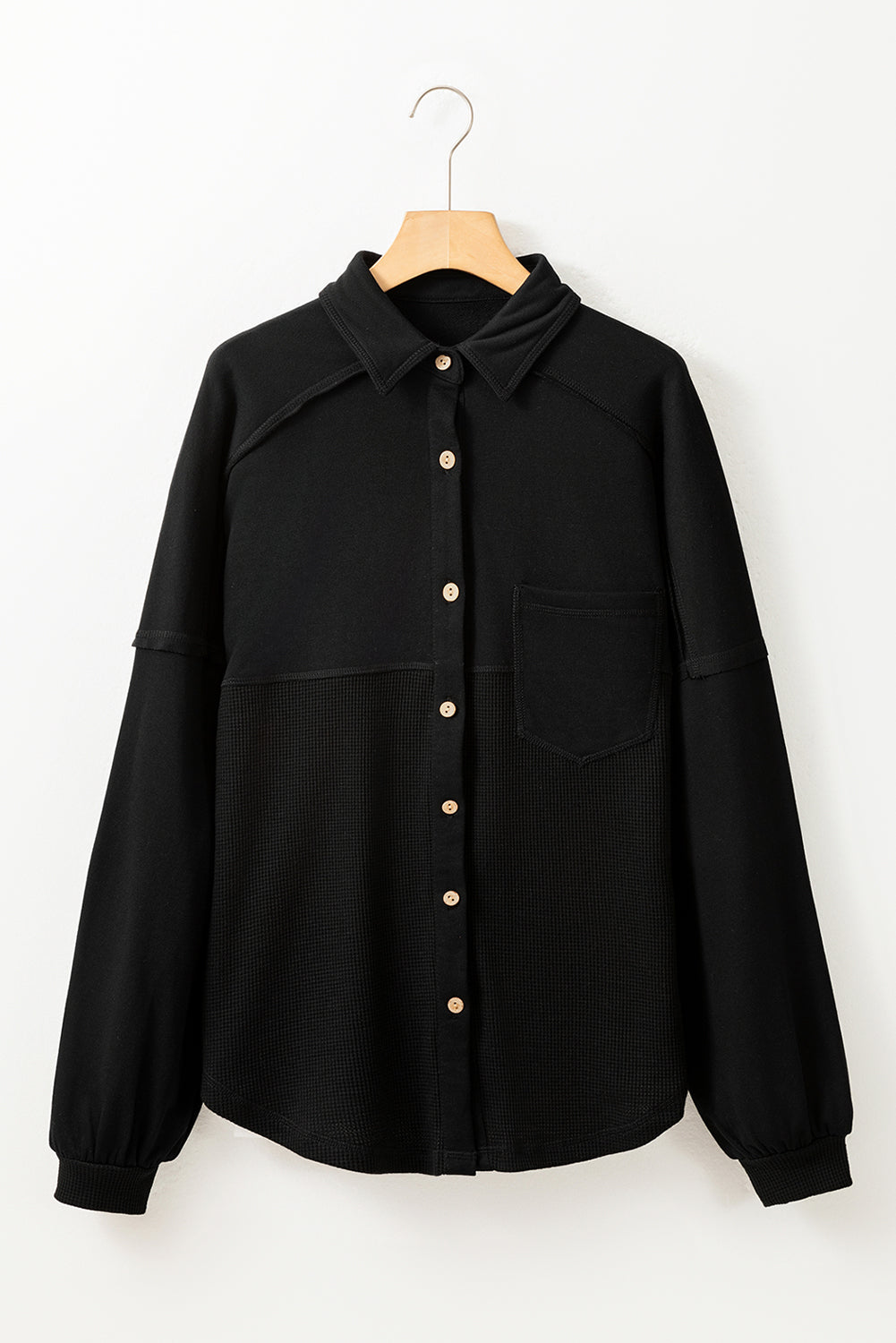 Black Waffle Knit Button Down Shacket Oversized Long Sleeve Top