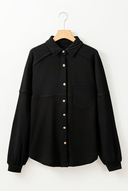 Black Waffle Knit Button Down Shacket Oversized Long Sleeve Top