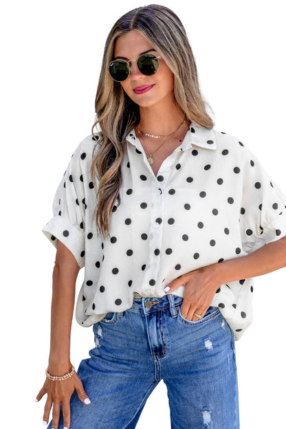 Beige Polka Dot Button Up Dolman Sleeve Loose Blouse