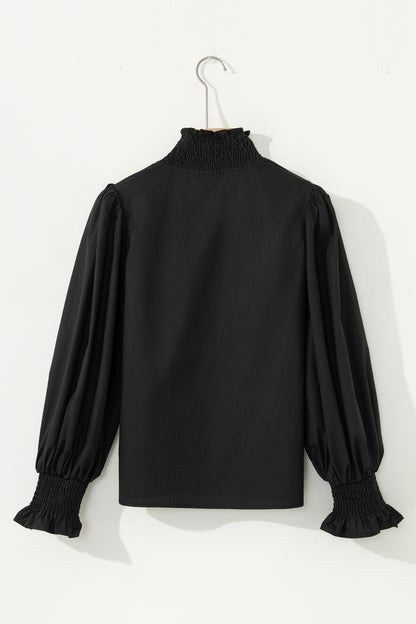 Evergreen Puffy Flounce Sleeve Leopard Trim V Neck Blouse