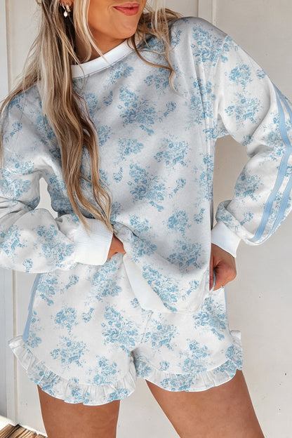 Blue Floral Lounge Set Long Sleeve Top Ruffle Shorts