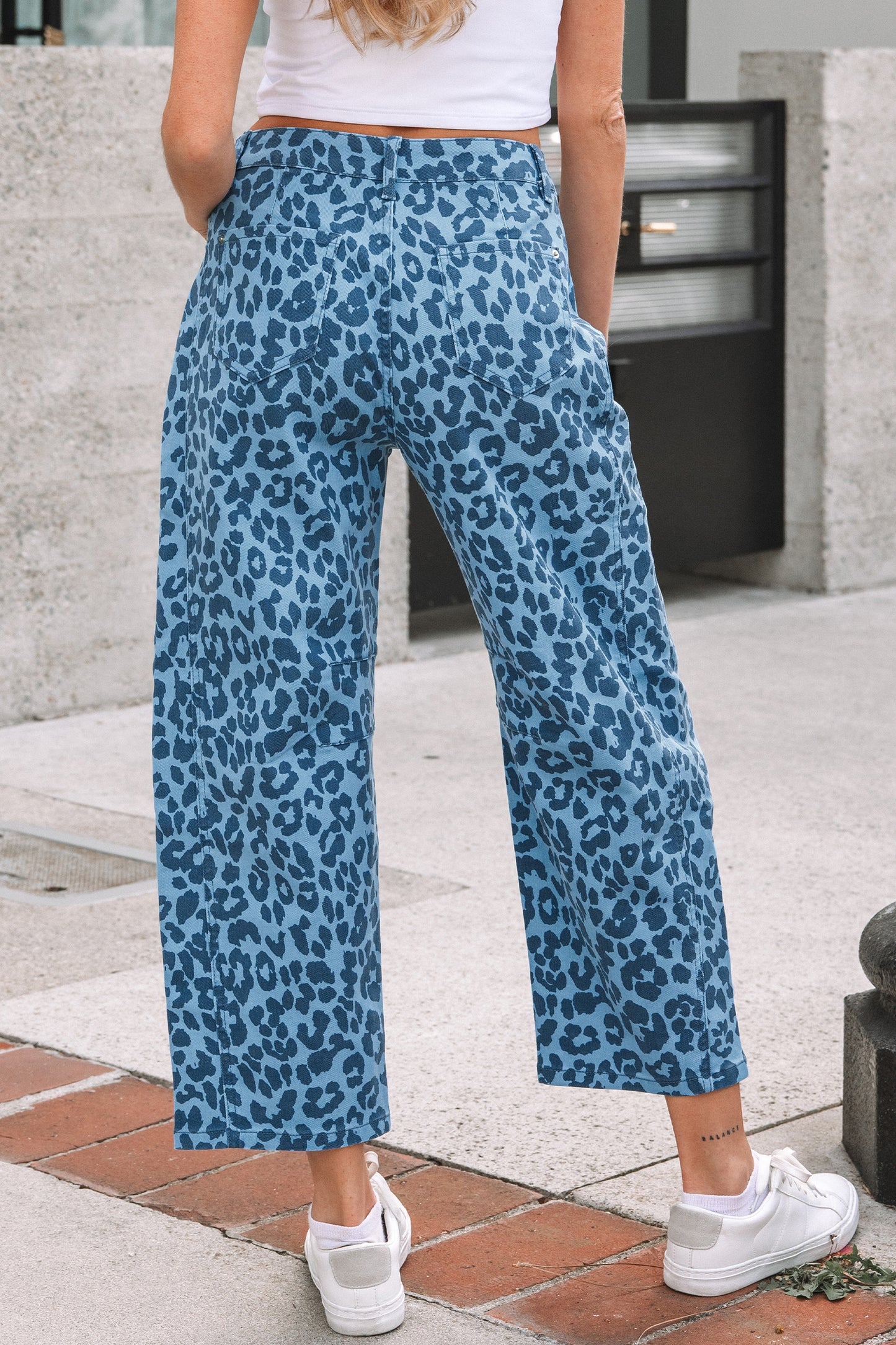 Leopard Print Barrel Leg Jeans High Rise Cropped