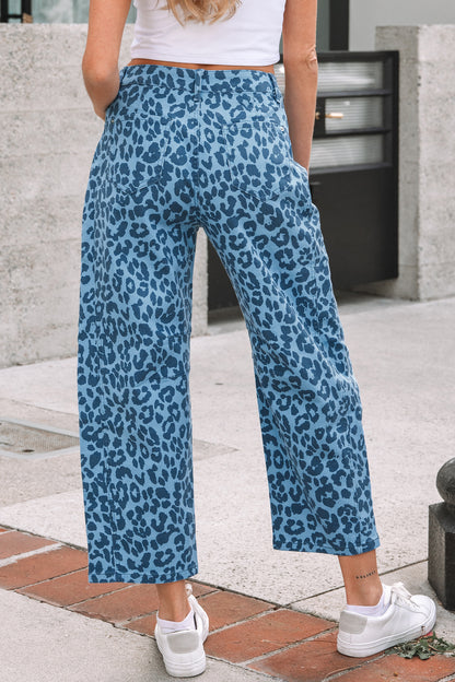 Leopard Print Barrel Leg Jeans High Rise Cropped