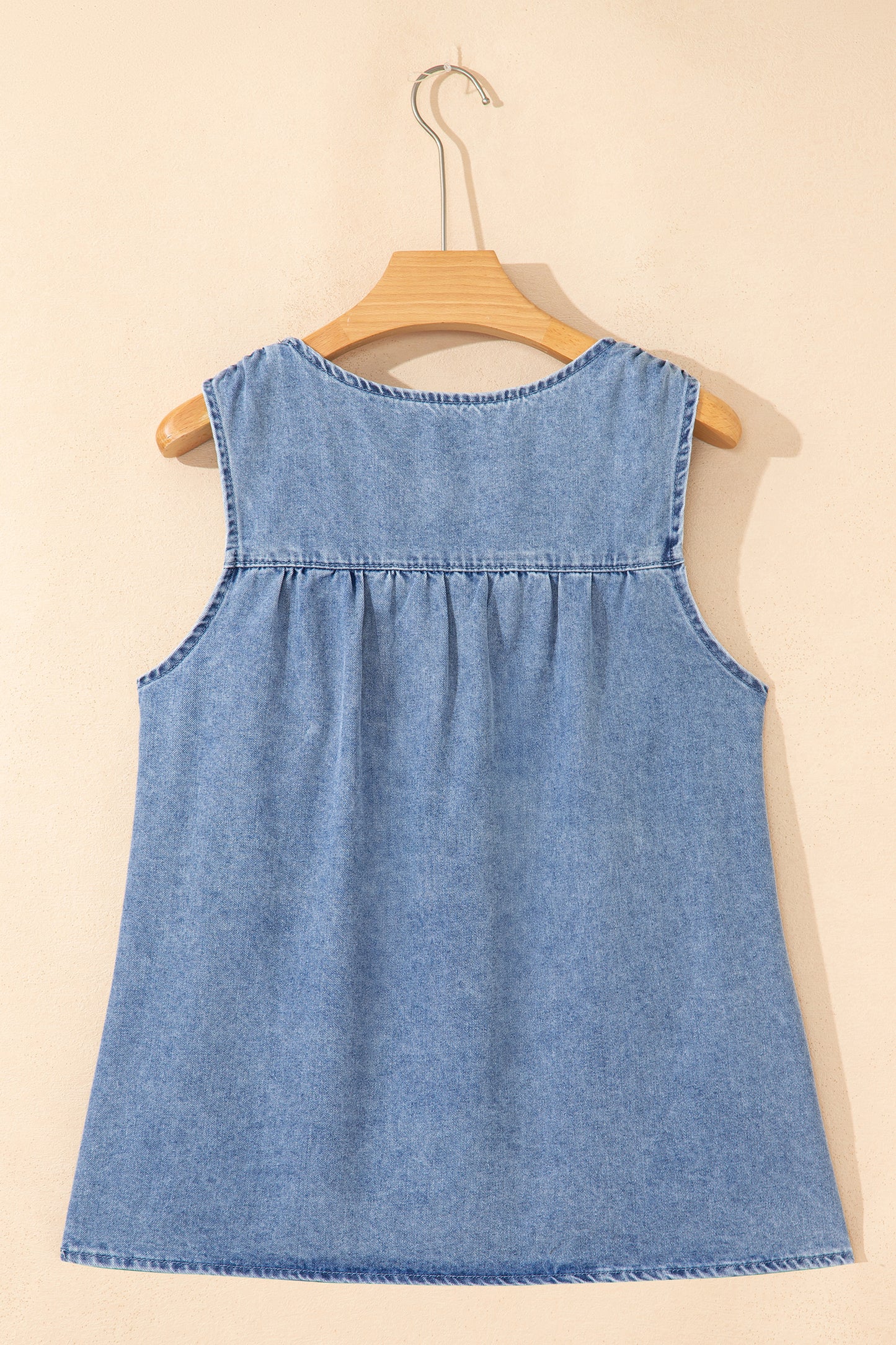 Washed Denim Ruffle Panel Babydoll Sleeveless Top