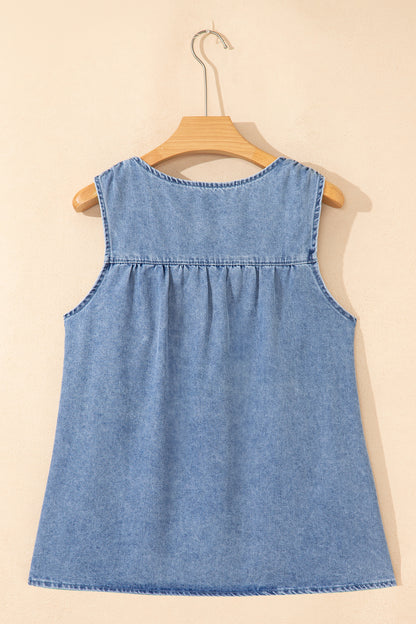 Washed Denim Ruffle Panel Babydoll Sleeveless Top