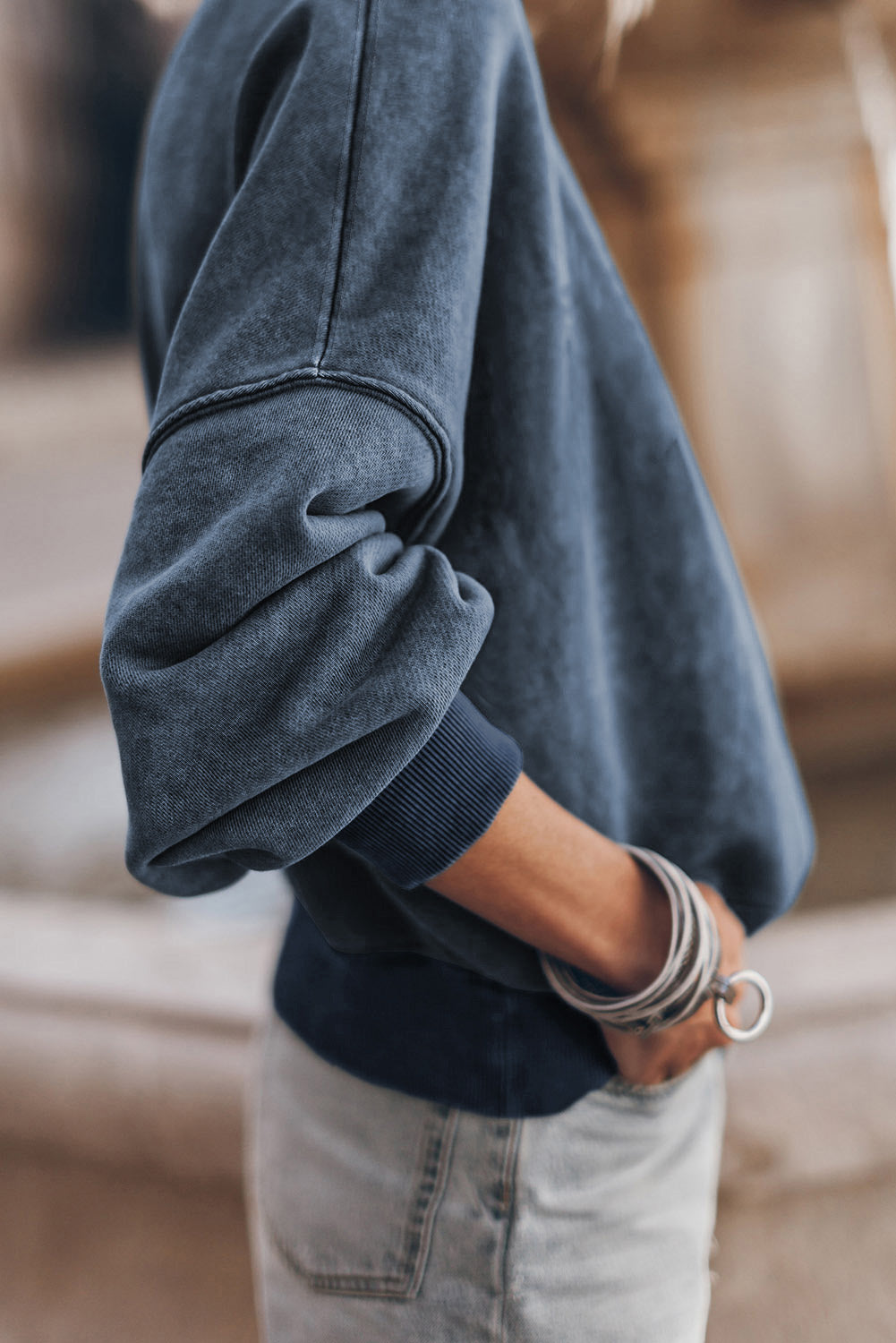 Washed Sky Blue Drop Shoulder Crew Neck Sweatshirt